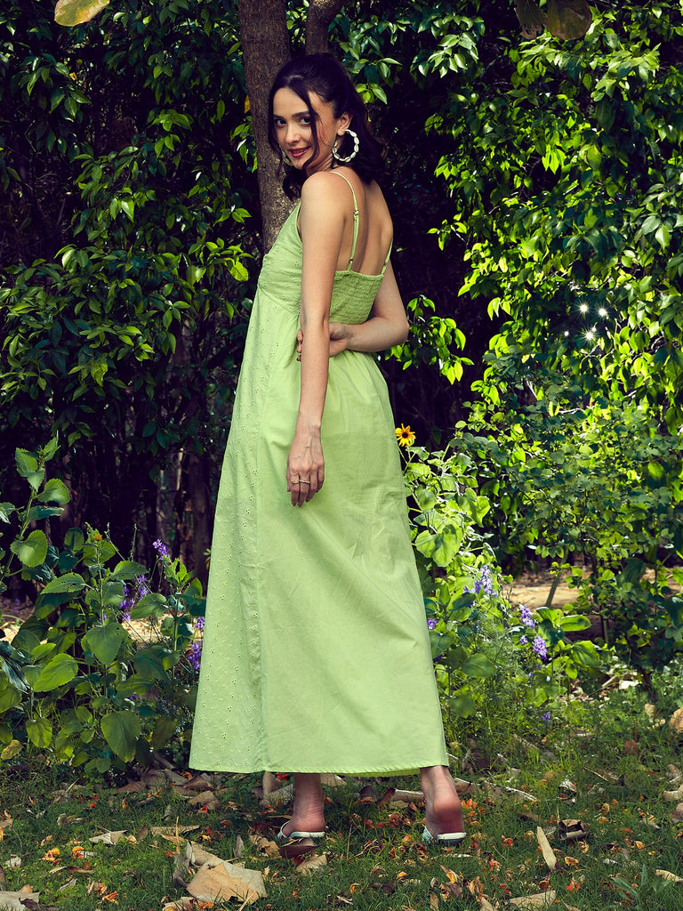 Women's Lime Green Schiffli Strappy Maxi Dress