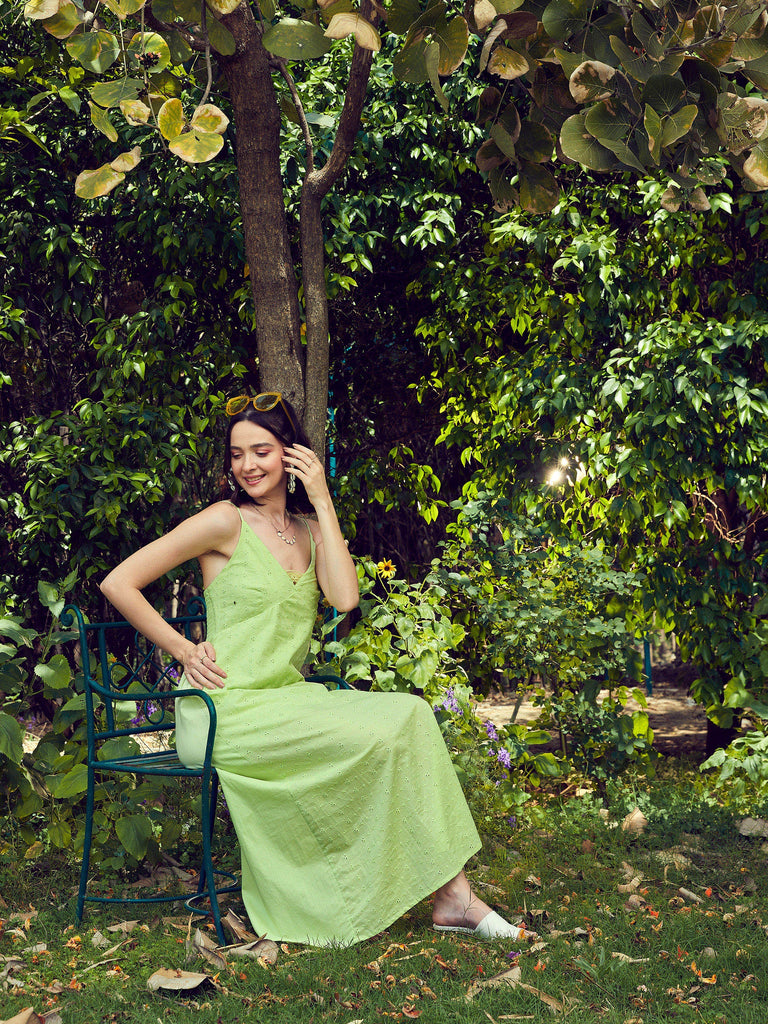 Women's Lime Green Schiffli Strappy Maxi Dress