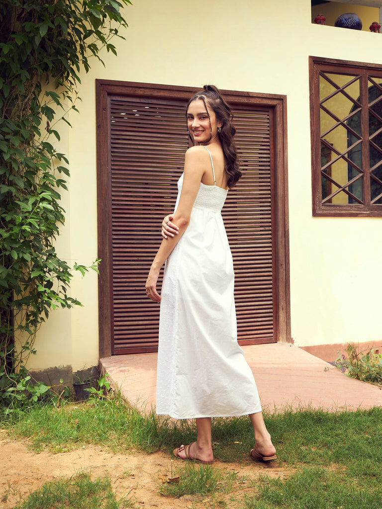 Women's White Schiffli Strappy Maxi Dress
