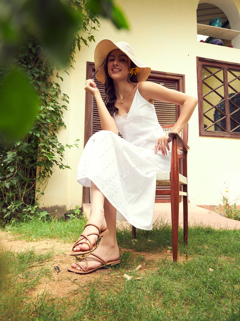 Women's White Schiffli Strappy Maxi Dress