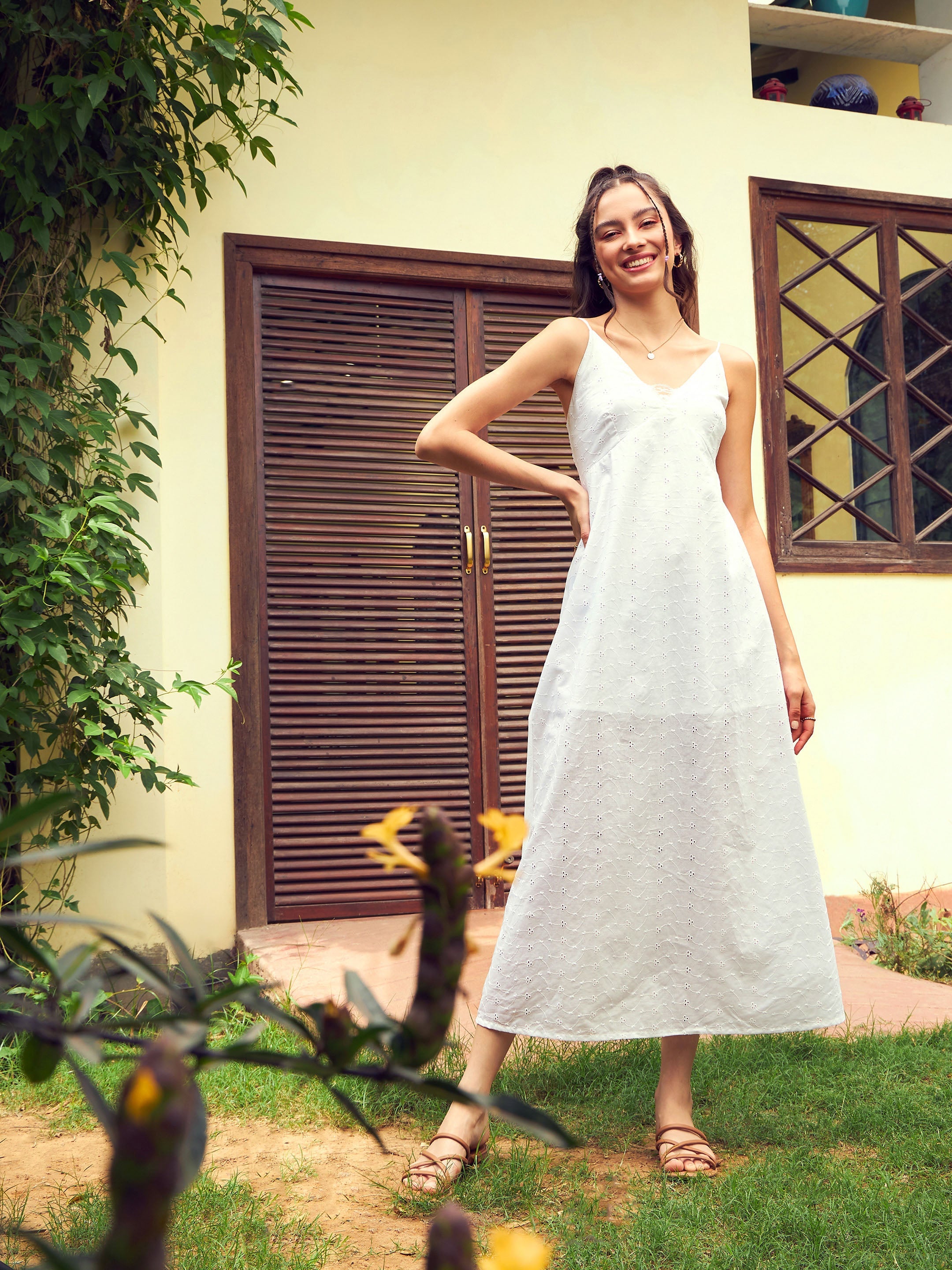Women's White Schiffli Strappy Maxi Dress - SASSAFRAS