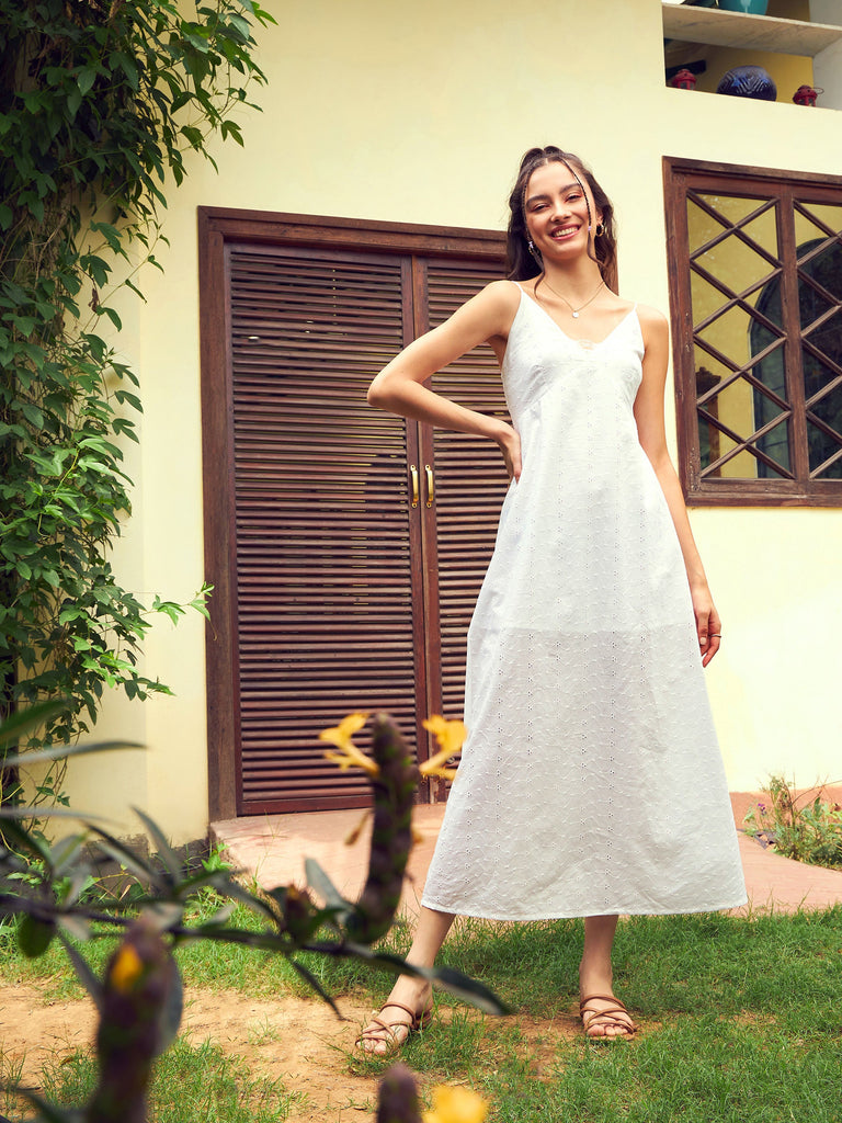 Women's White Schiffli Strappy Maxi Dress