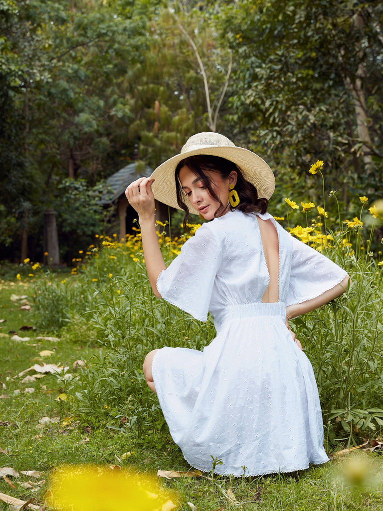 Women's White Schiffli Flared Sleeves Short Dress