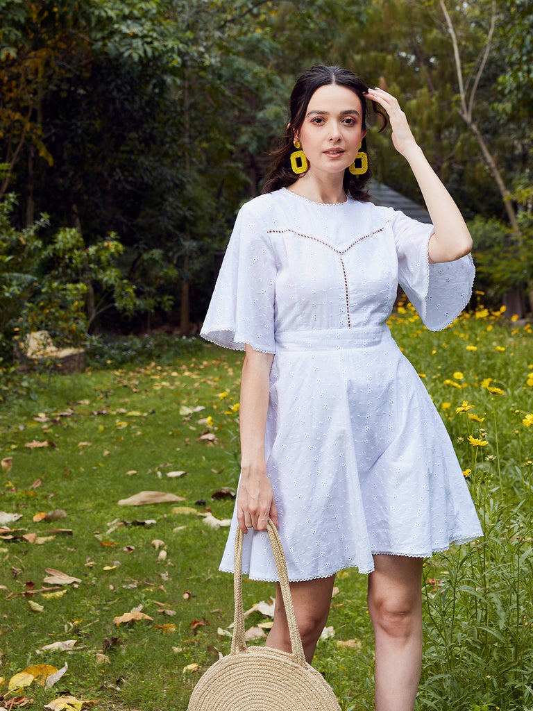 Women's White Schiffli Flared Sleeves Short Dress