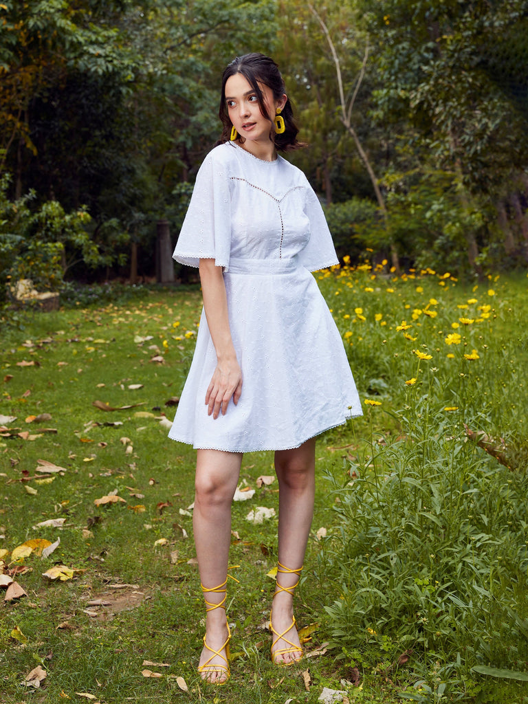 Women's White Schiffli Flared Sleeves Short Dress