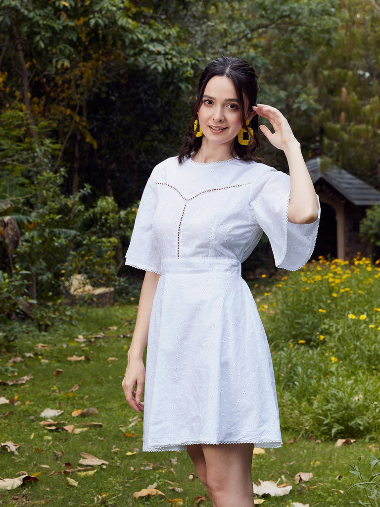 Women's White Schiffli Flared Sleeves Short Dress