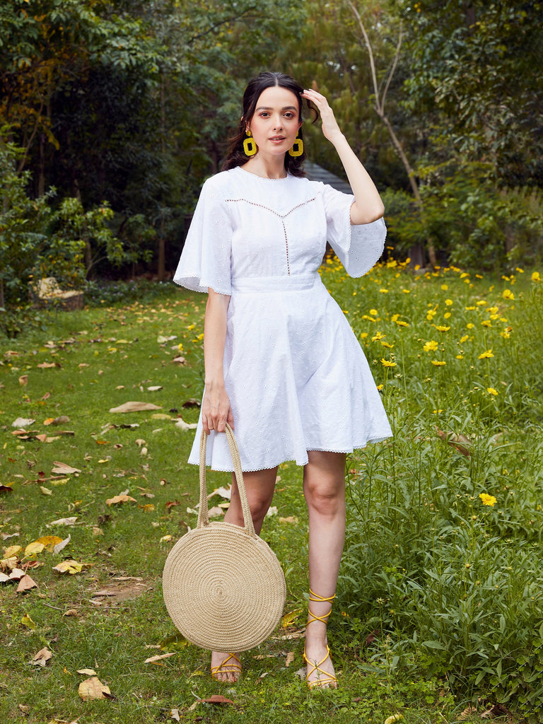 Women's White Schiffli Flared Sleeves Short Dress