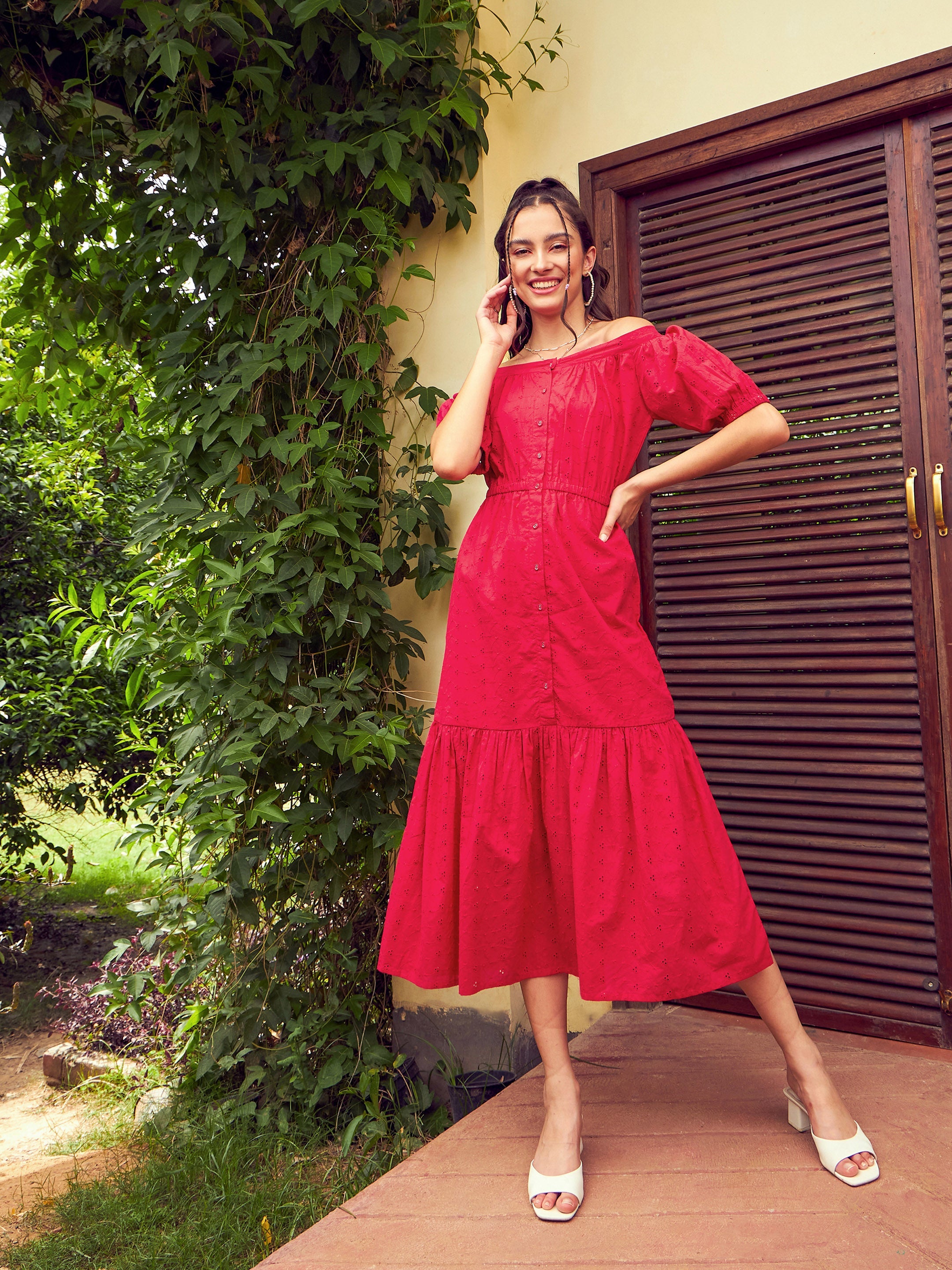 Women's Red Schiffli Off-Shoulder Tiered Midi Dress - SASSAFRAS