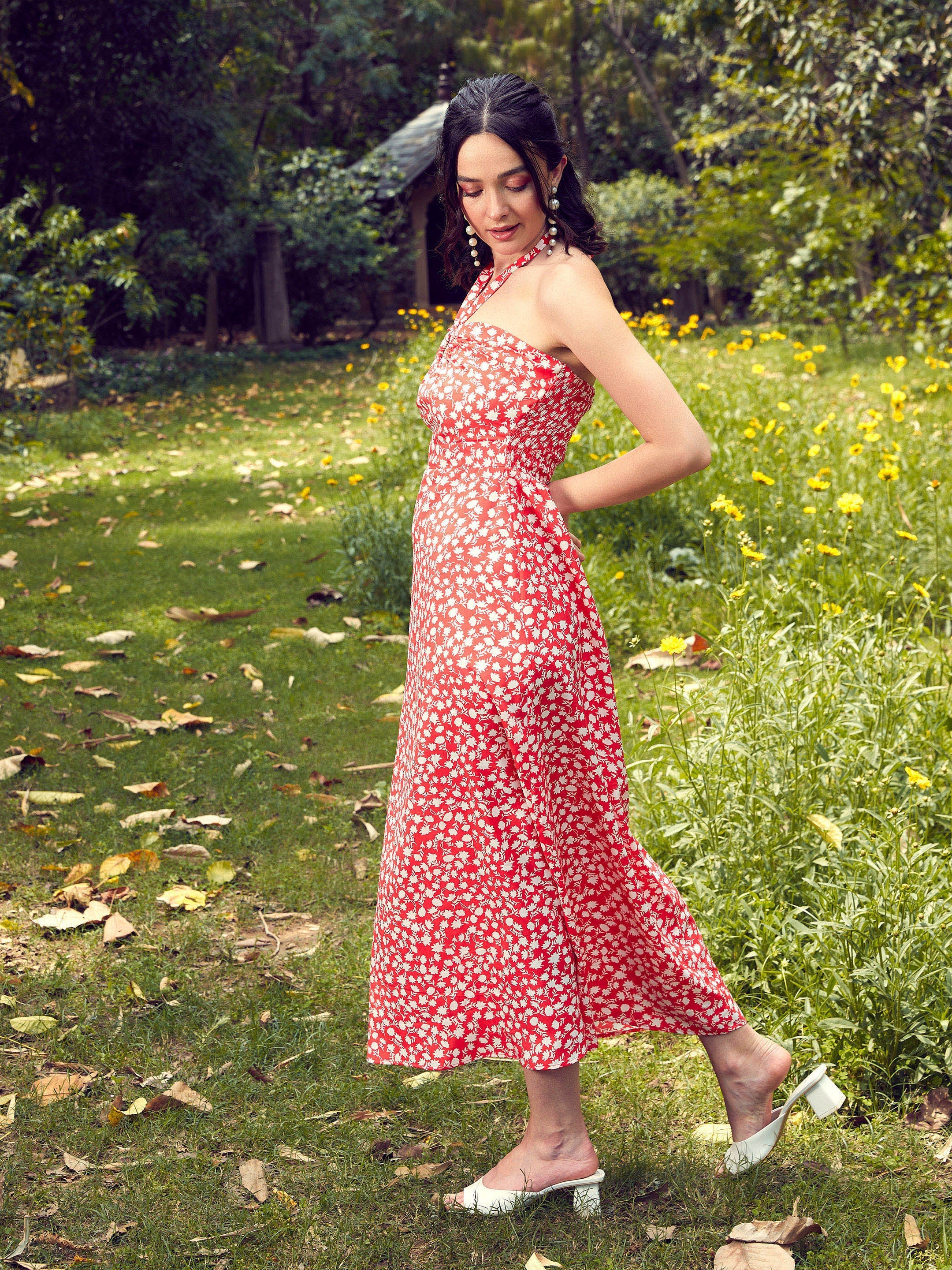 Women's Red Ditsy Floral Halter Neck Maxi Dress - SASSAFRAS
