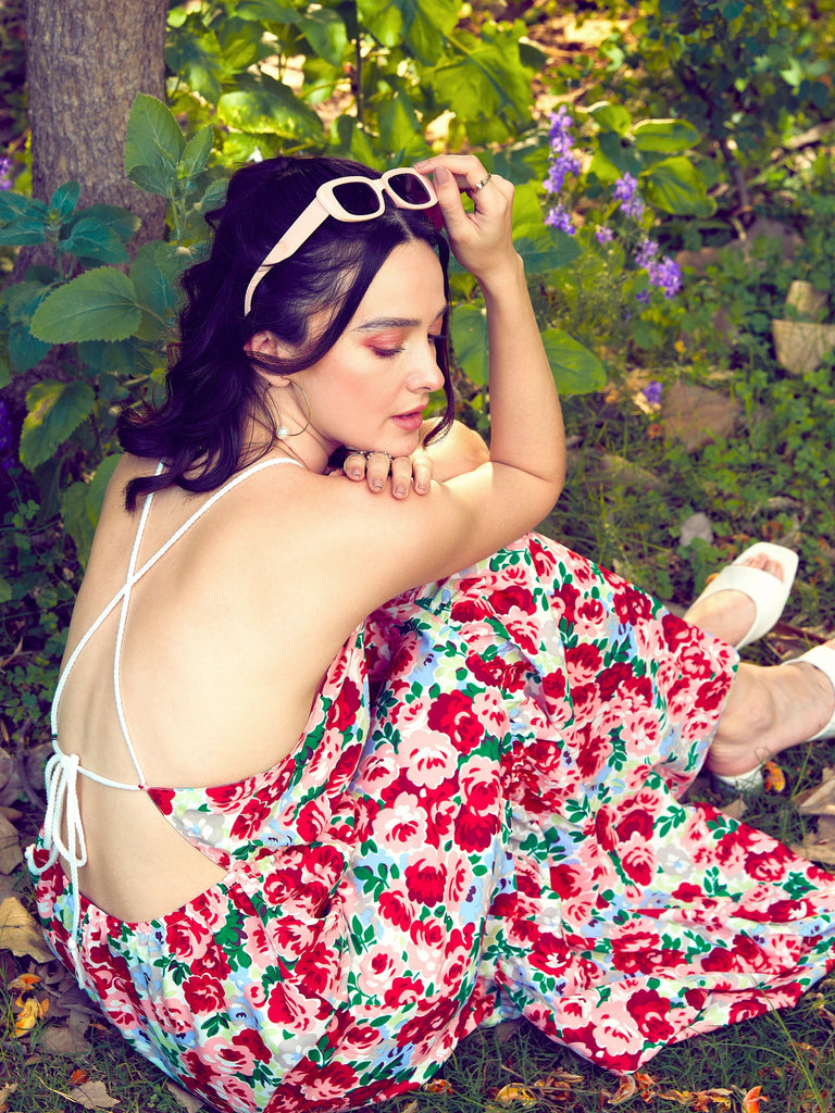 Women's Red Floral Backless Maxi Dress