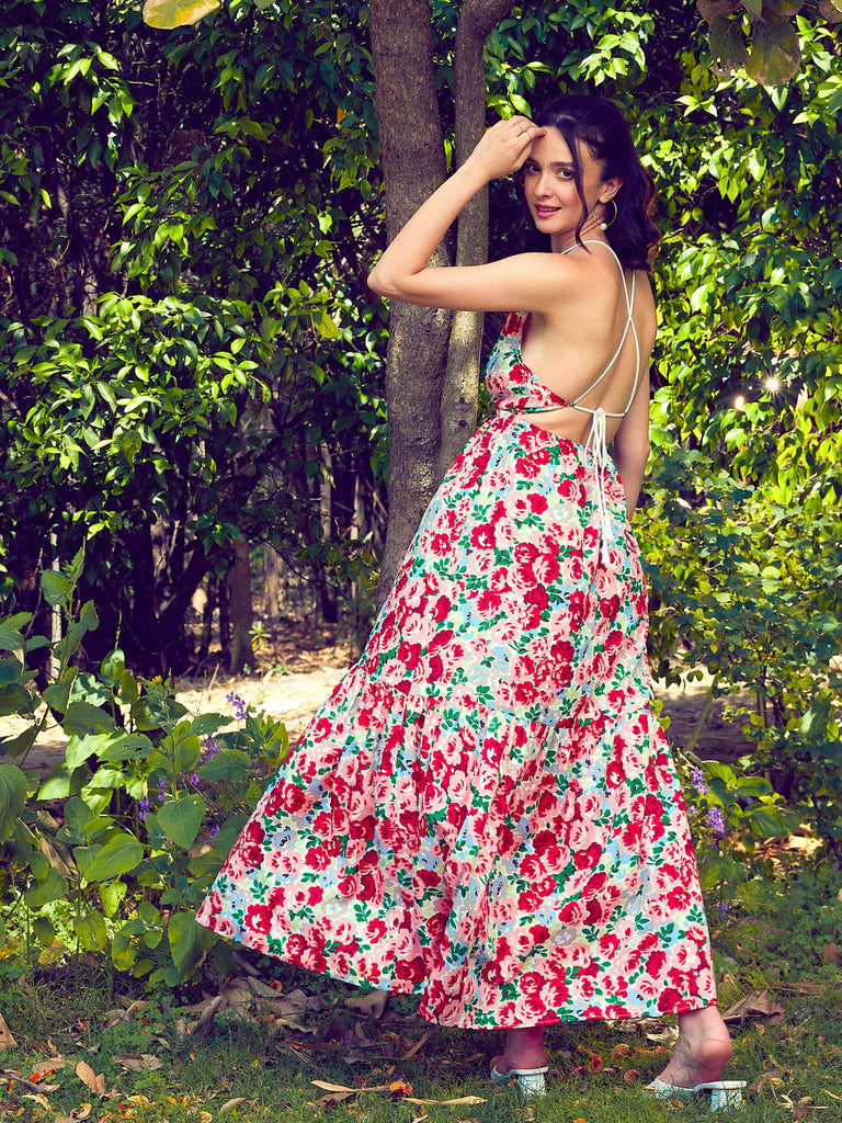 Women's Red Floral Backless Maxi Dress