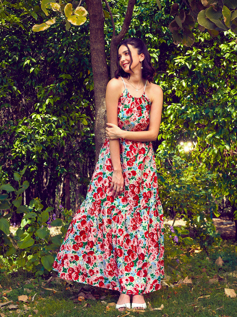 Women's Red Floral Backless Maxi Dress