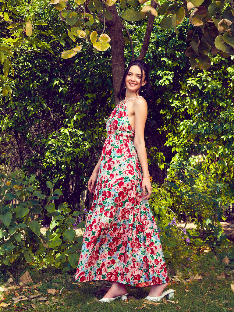 Women's Red Floral Backless Maxi Dress