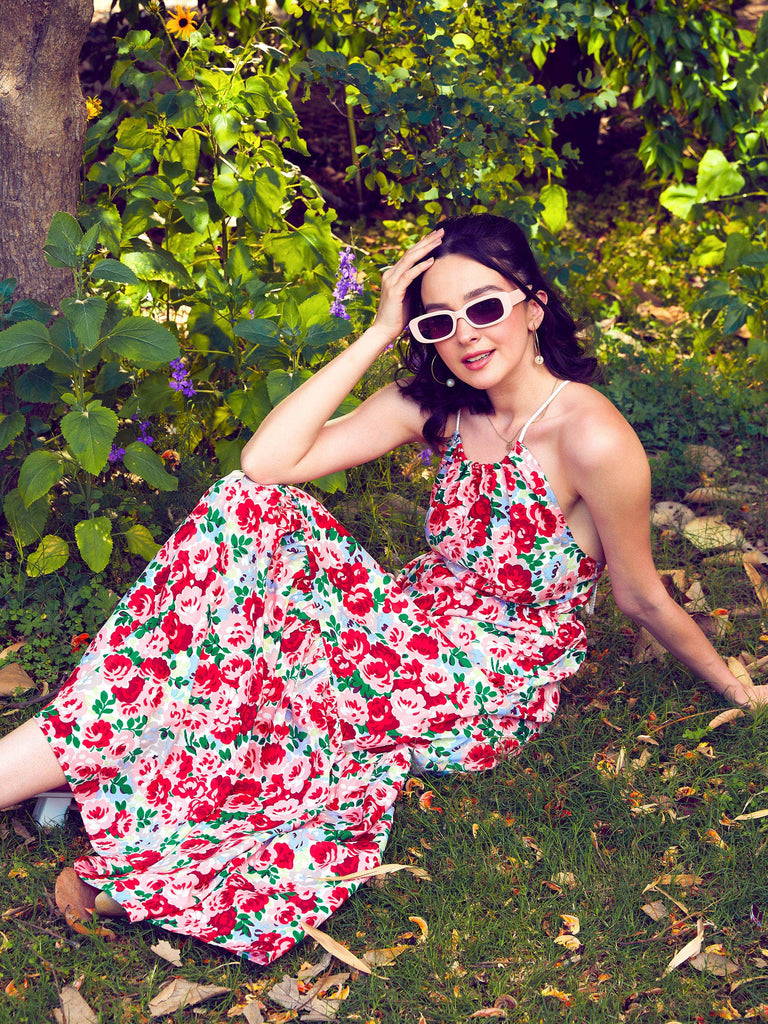 Women's Red Floral Backless Maxi Dress