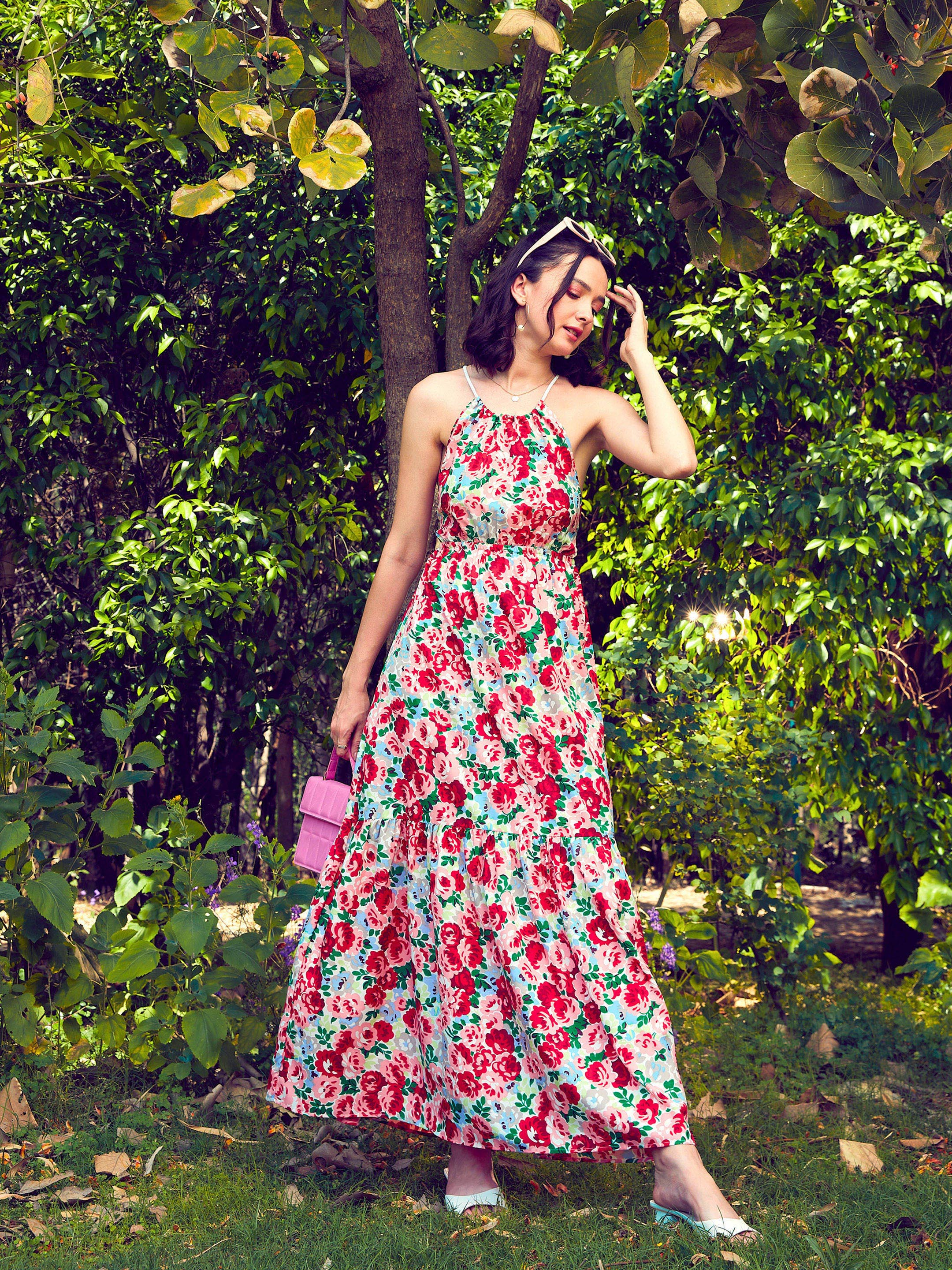 Women's Red Floral Backless Maxi Dress Trendia Women's Red Floral Backless Maxi Dress Trendia