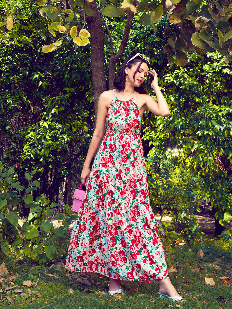 Women's Red Floral Backless Maxi Dress