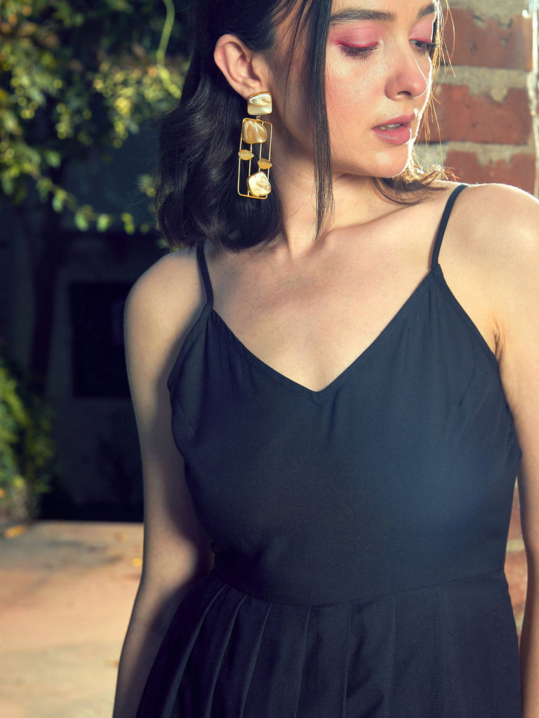 Women's Black Strappy Pleated Midi Dress