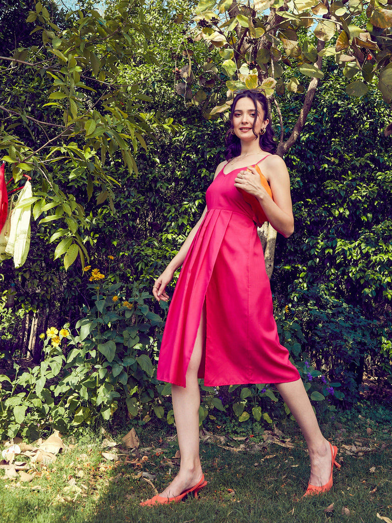 Women's Pink Strappy Pleated Midi Dress
