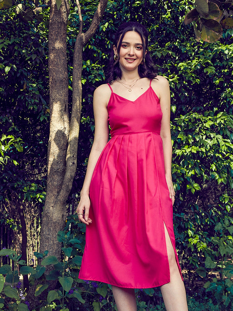 Women's Pink Strappy Pleated Midi Dress