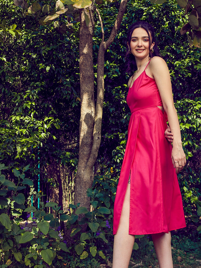 Women's Pink Strappy Pleated Midi Dress