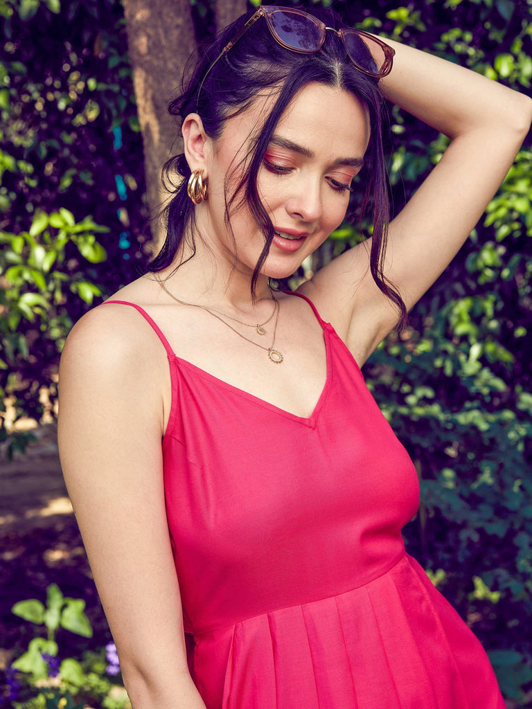 Women's Pink Strappy Pleated Midi Dress