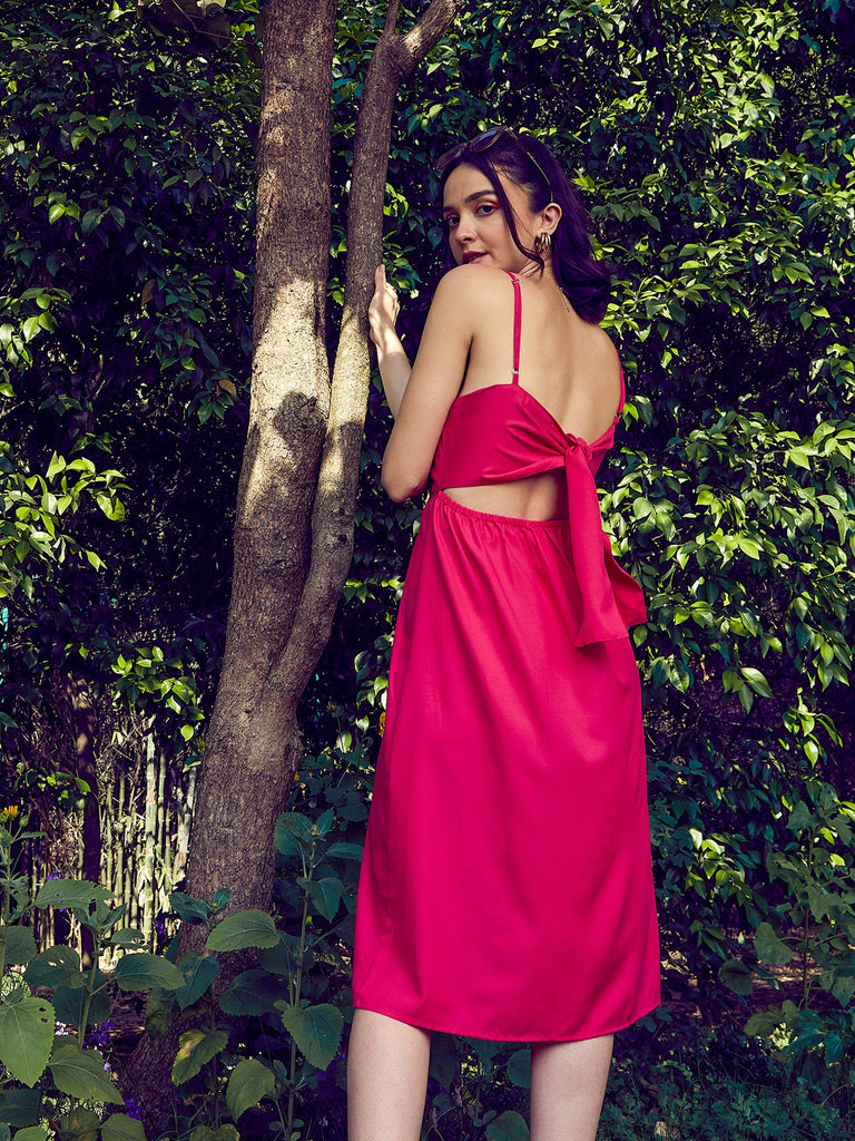 Women's Pink Strappy Pleated Midi Dress