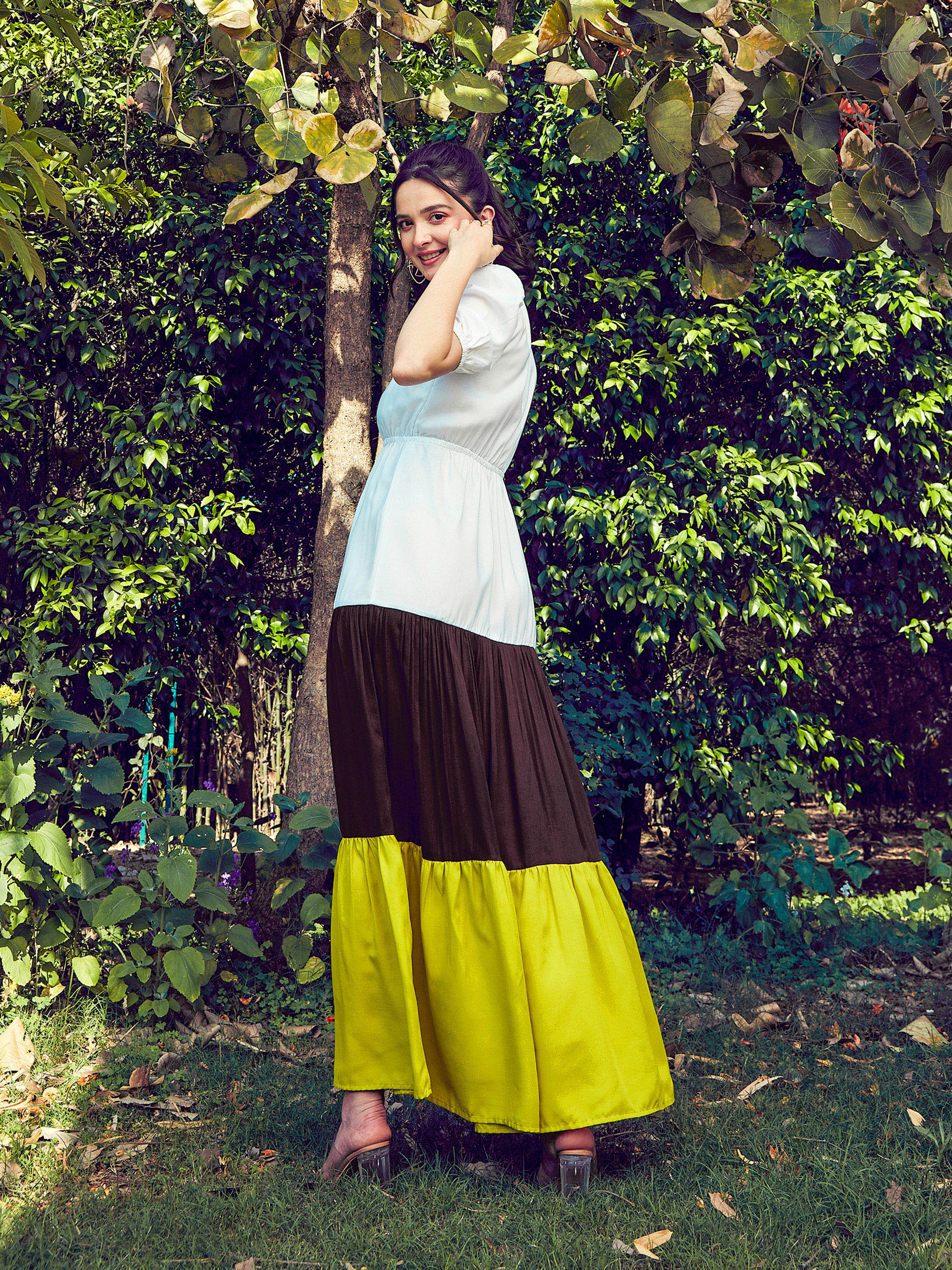 Women's Green & White Color Block Tiered Maxi Dress - SASSAFRAS