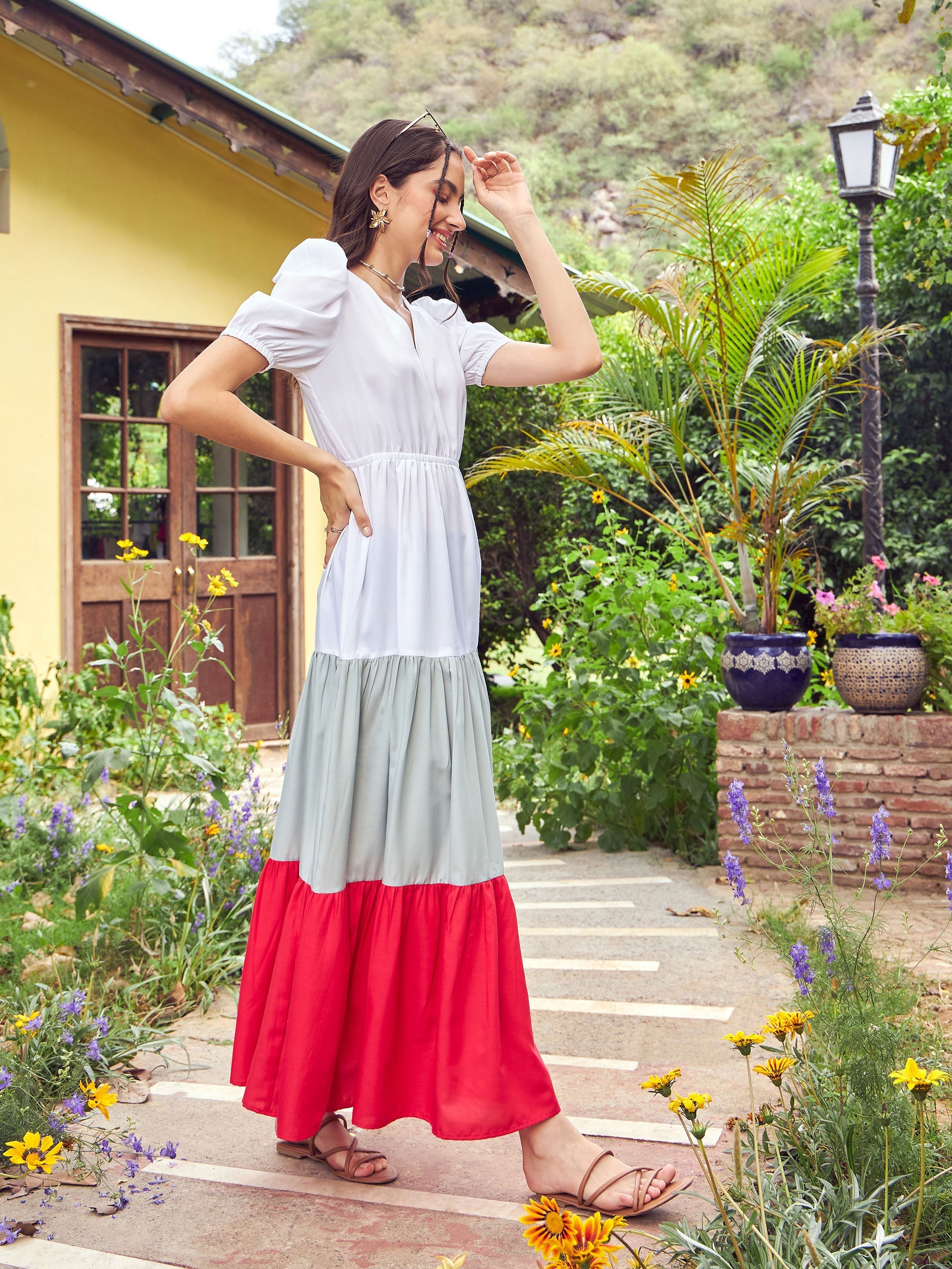 Women's Red & White Color Block Tiered Maxi Dress - SASSAFRAS