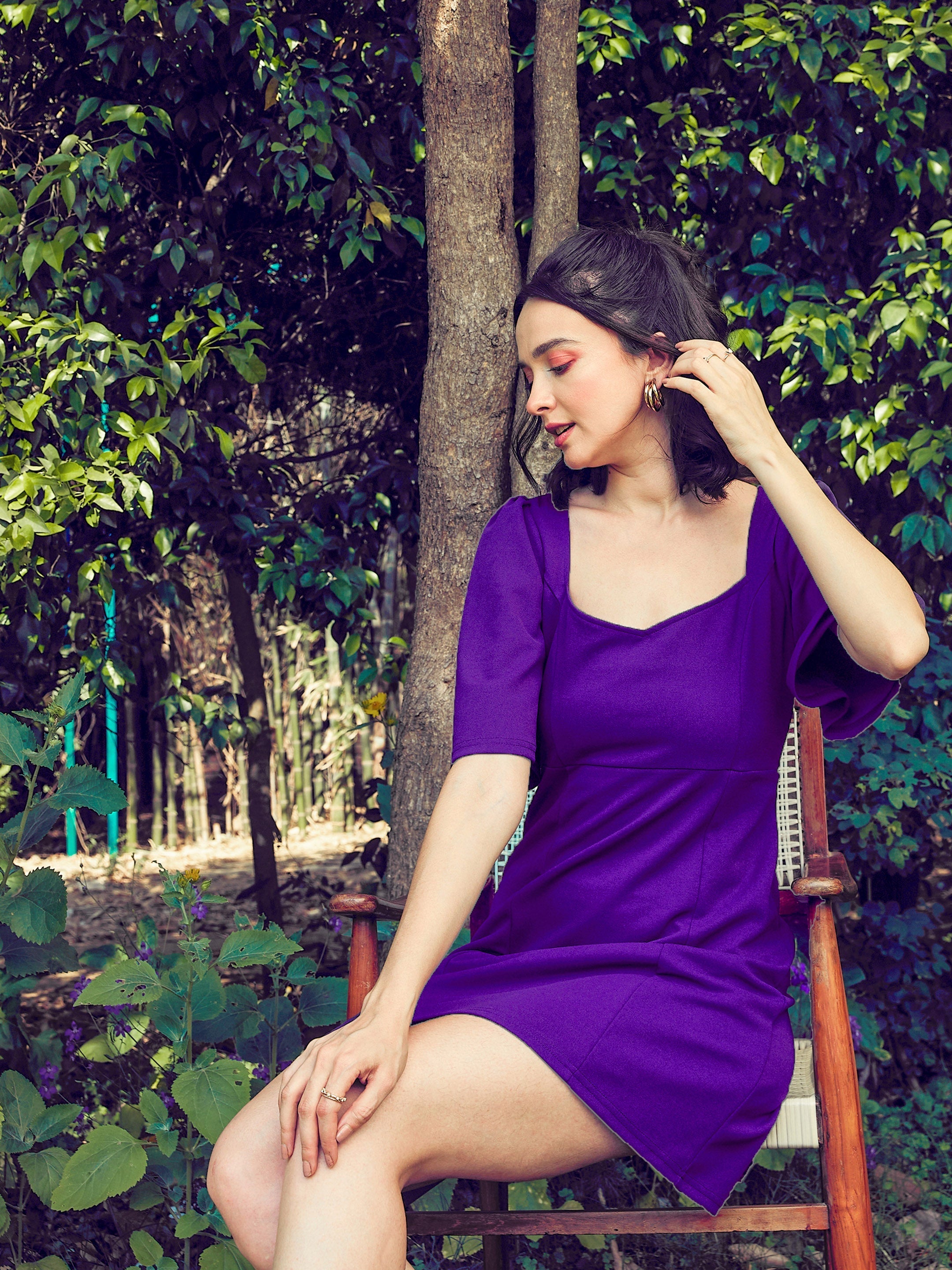Women's Purple Sweetheart Neck Short Dress - SASSAFRAS