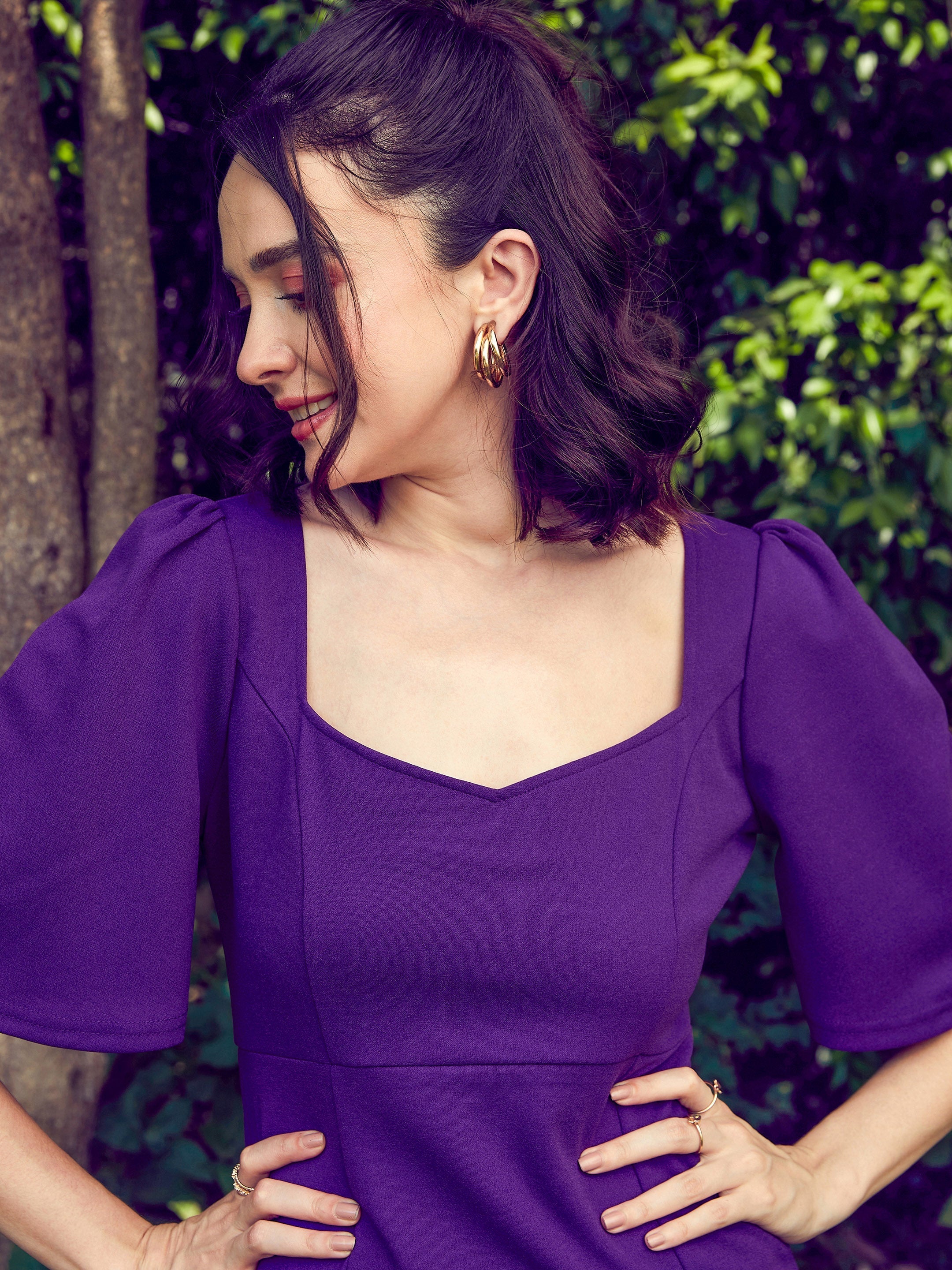 Women's Purple Sweetheart Neck Short Dress - SASSAFRAS