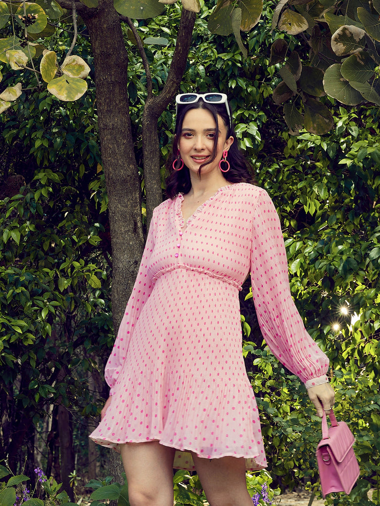 Women's Pink Polka Dot Pleated Dress