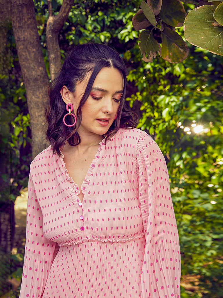 Women's Pink Polka Dot Pleated Dress