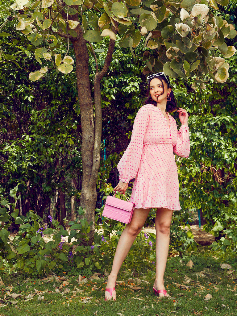 Women's Pink Polka Dot Pleated Dress