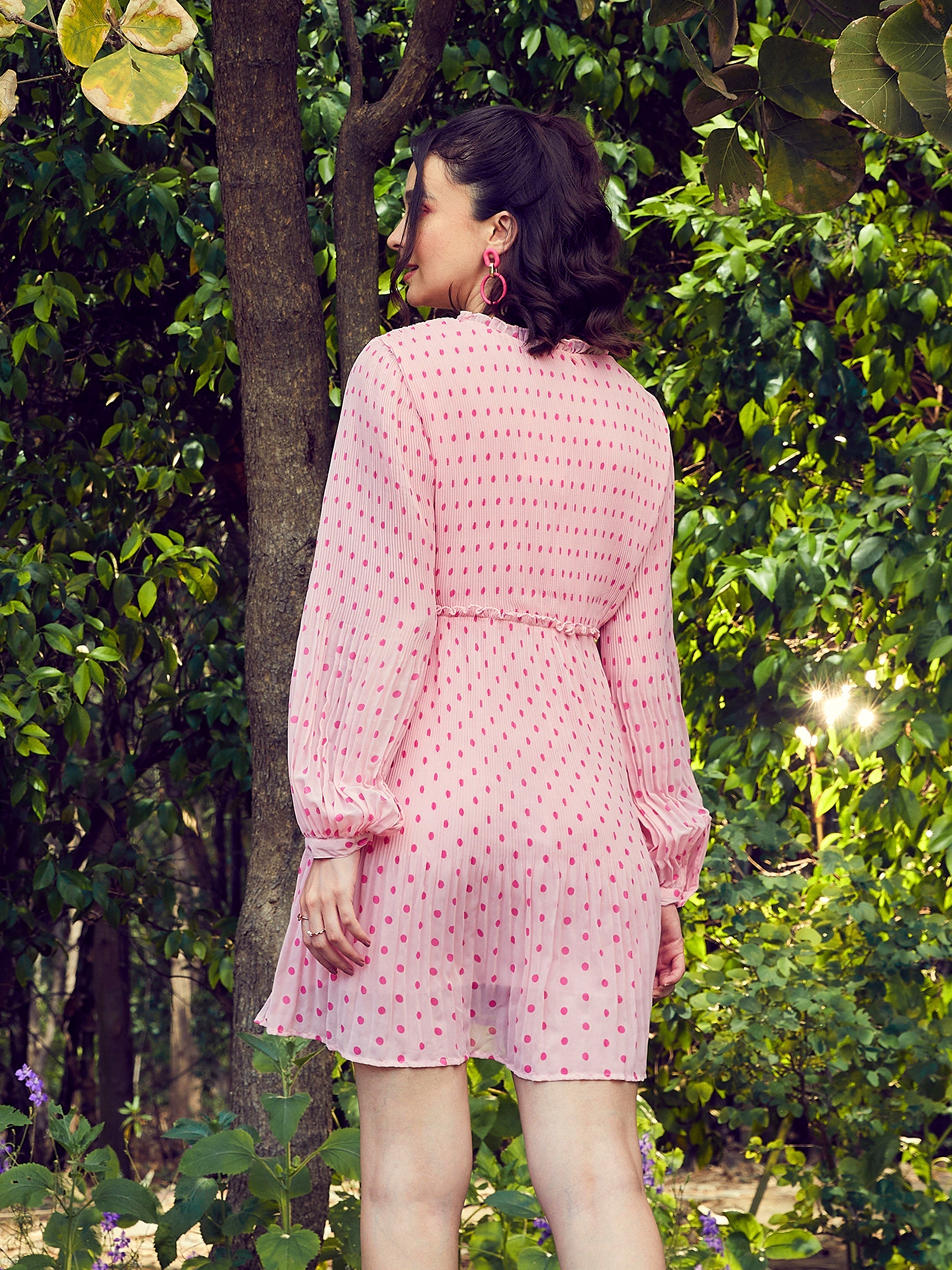 Women's Pink Polka Dot Pleated Dress - SASSAFRAS
