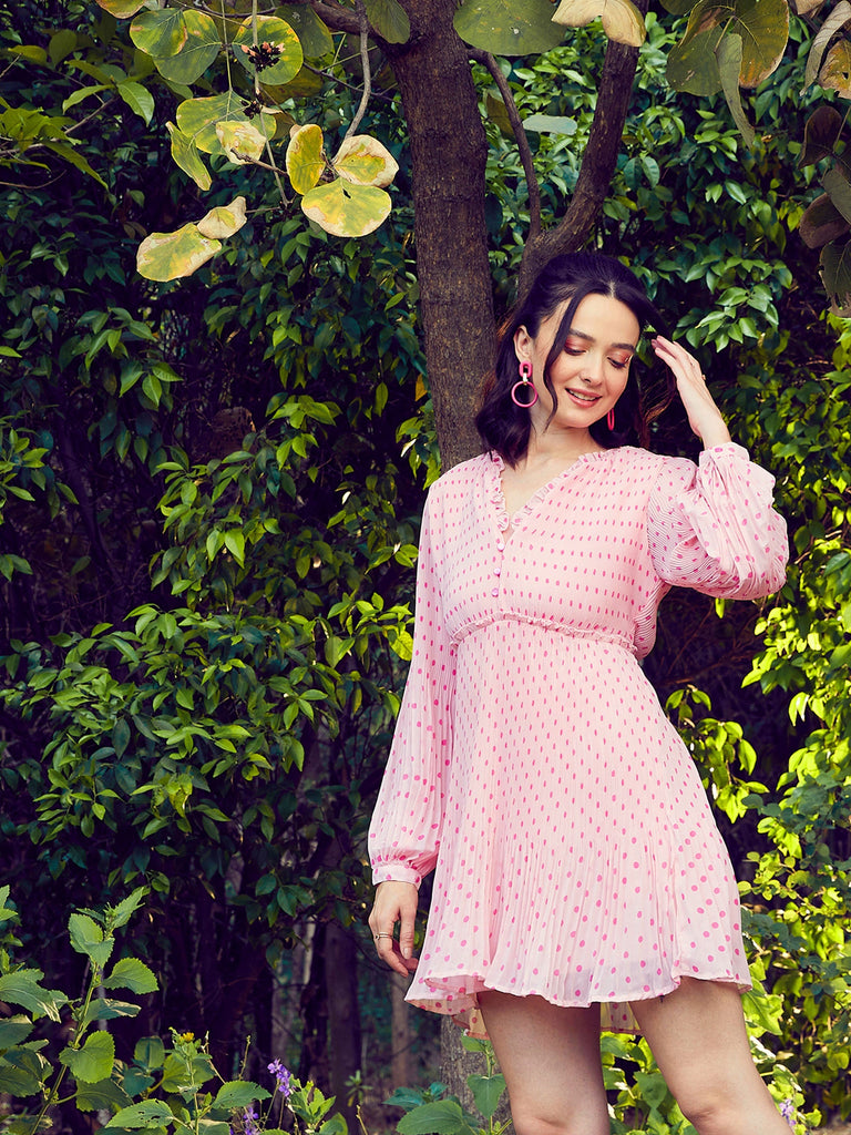 Women's Pink Polka Dot Pleated Dress