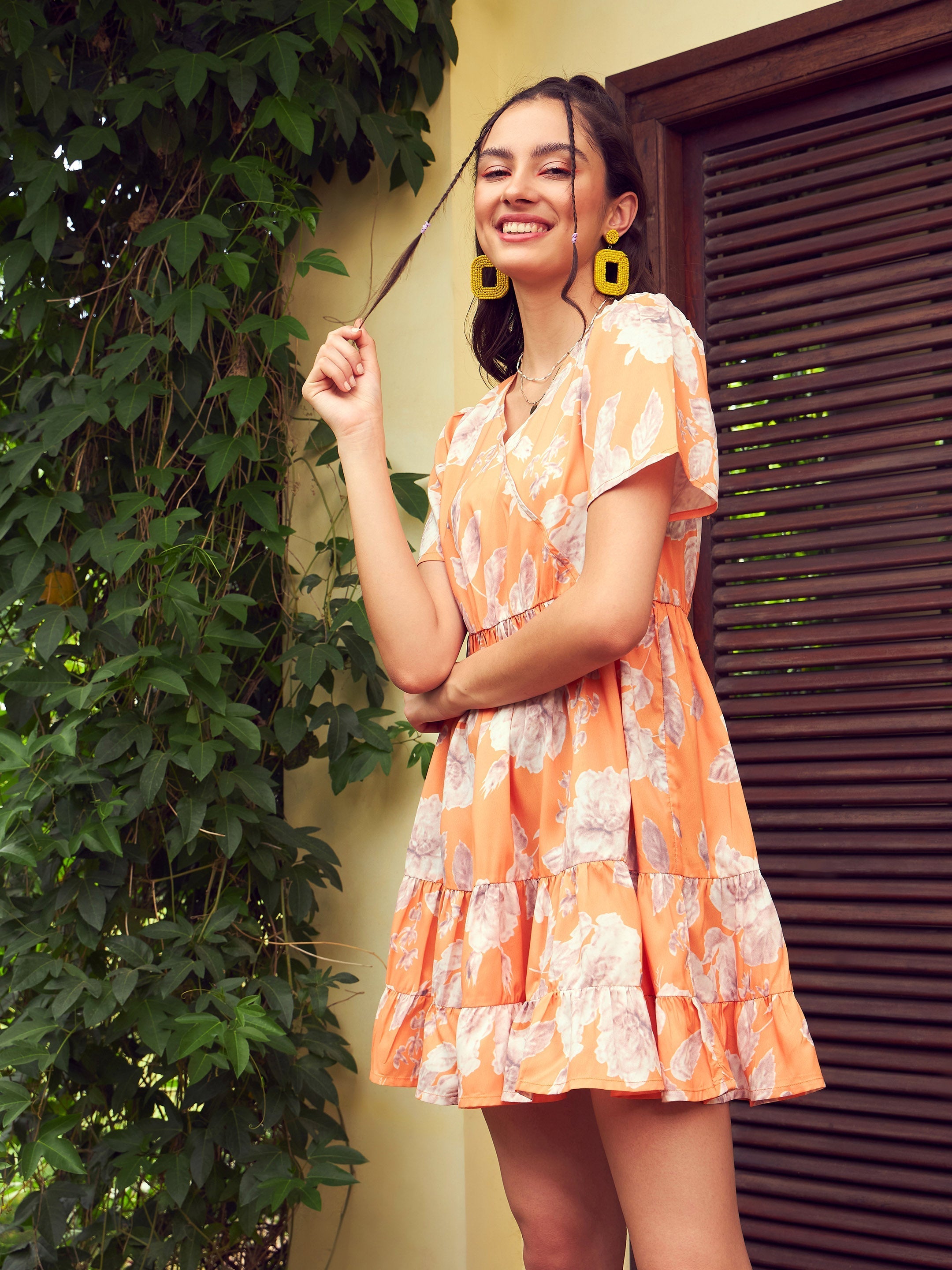 Women's Orange Floral Short Tiered Dress - SASSAFRAS