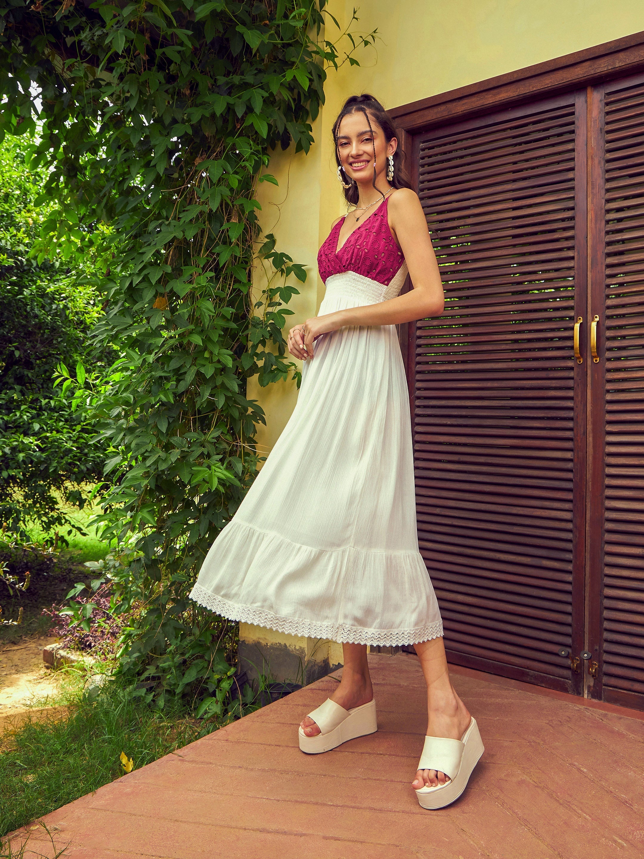 Women's White Contrast Schiffli Bodice Strappy Midi Dress - SASSAFRAS
