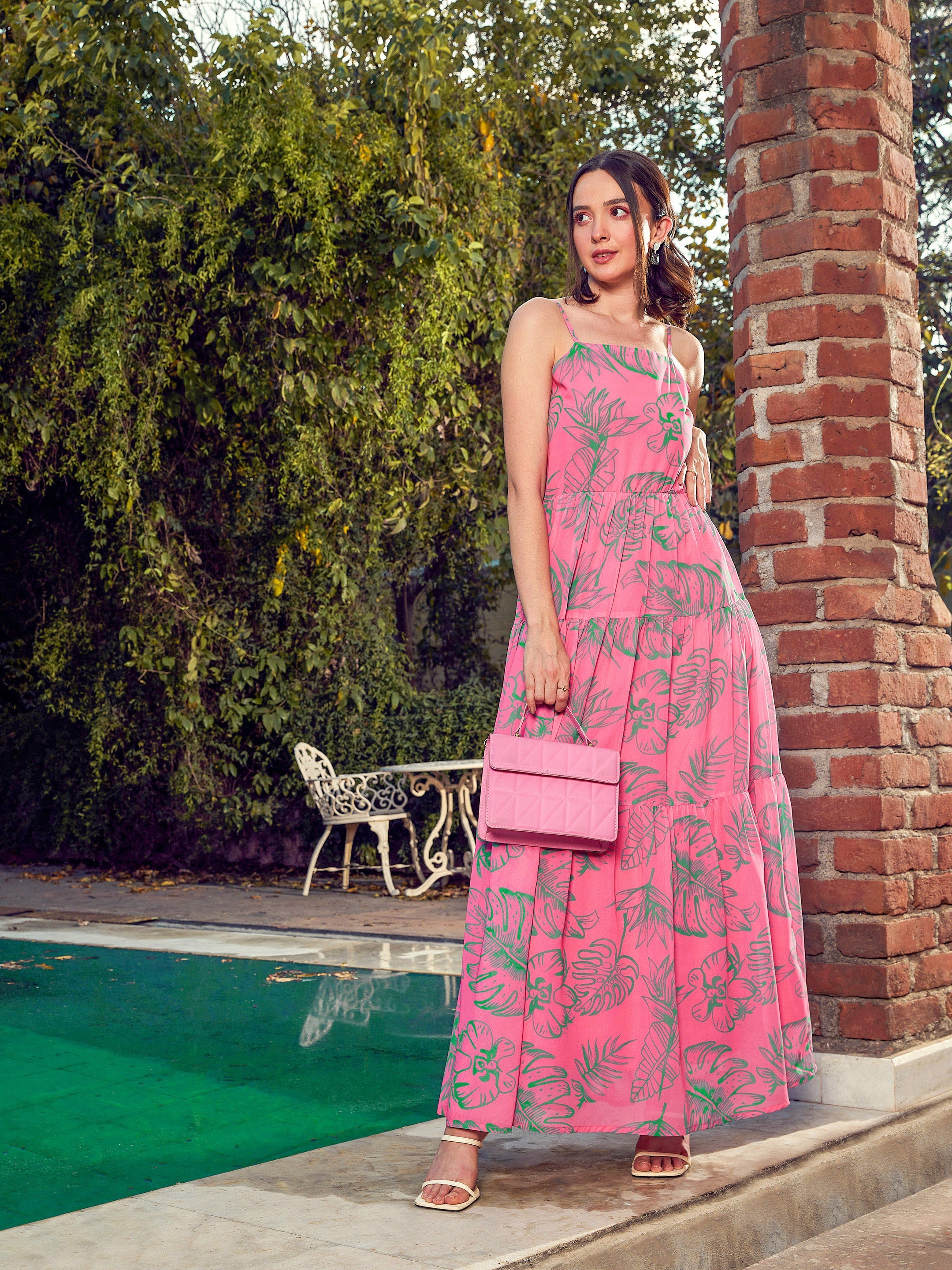 Women's Pink Floral Strappy Tiered Maxi Dress - SASSAFRAS