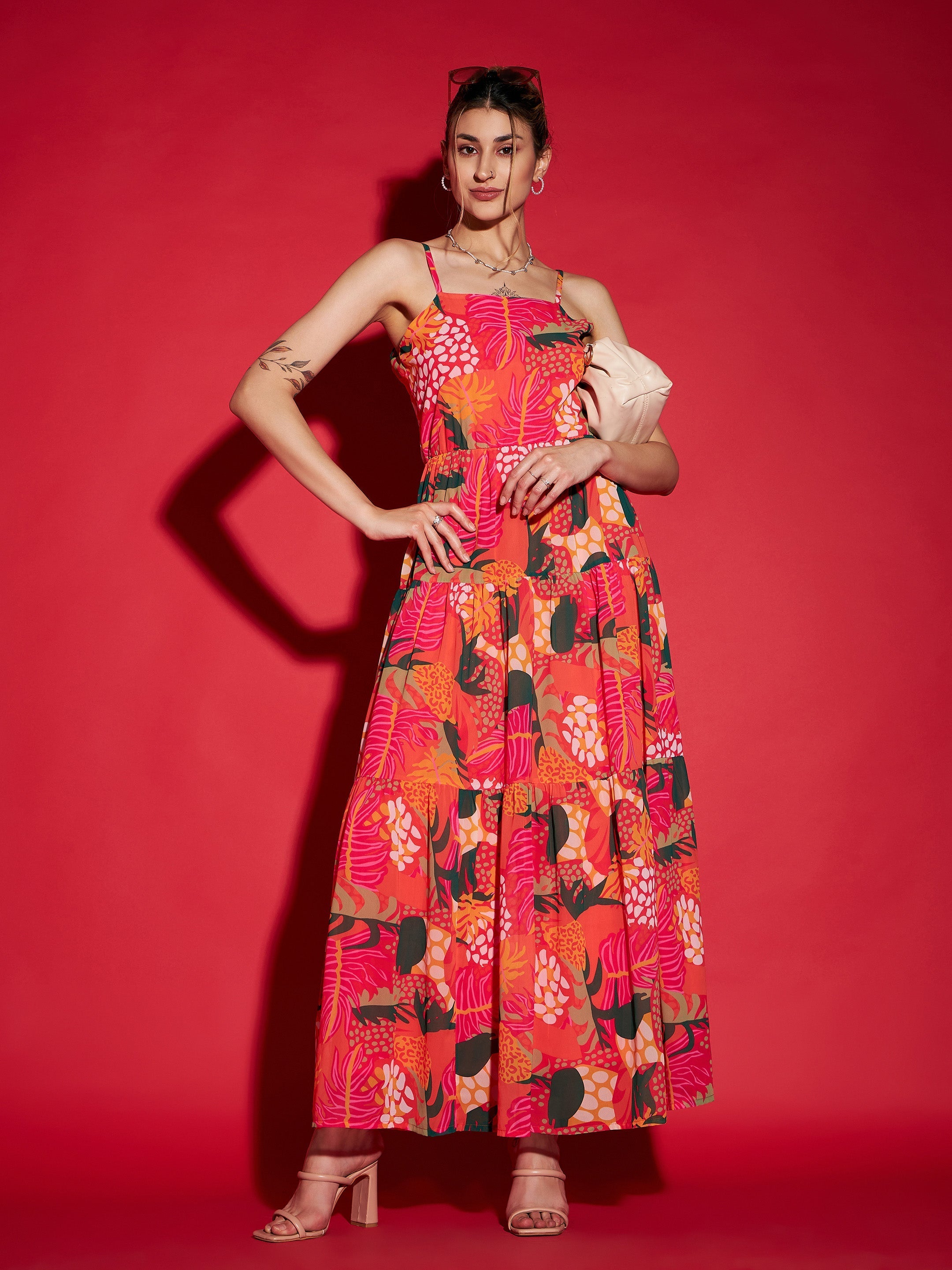 Women's Magenta Floral Strappy Tiered Maxi Dress - SASSAFRAS