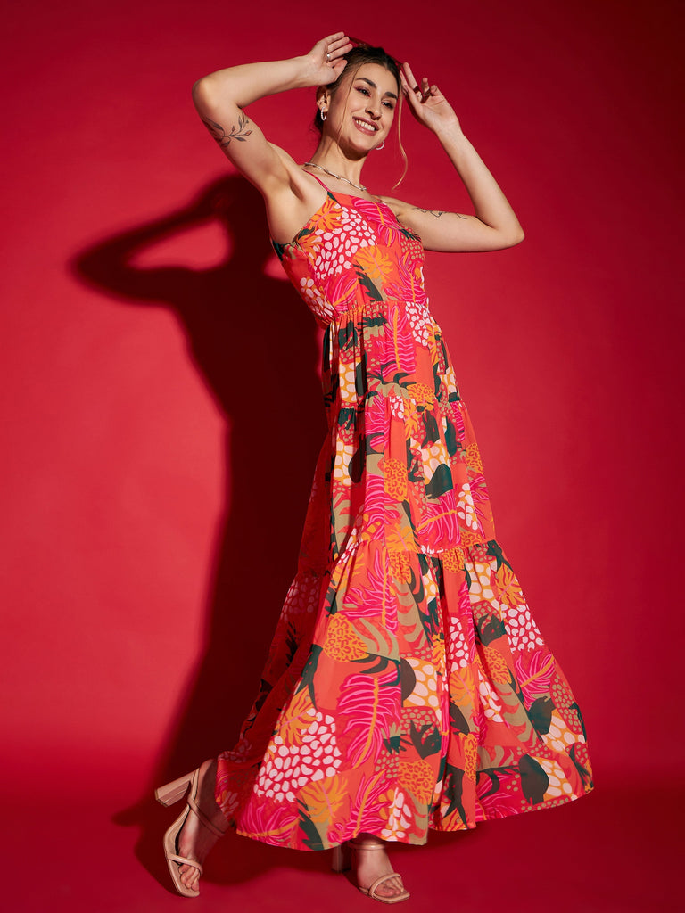 Women's Pink Floral Strappy Tiered Maxi Dress
