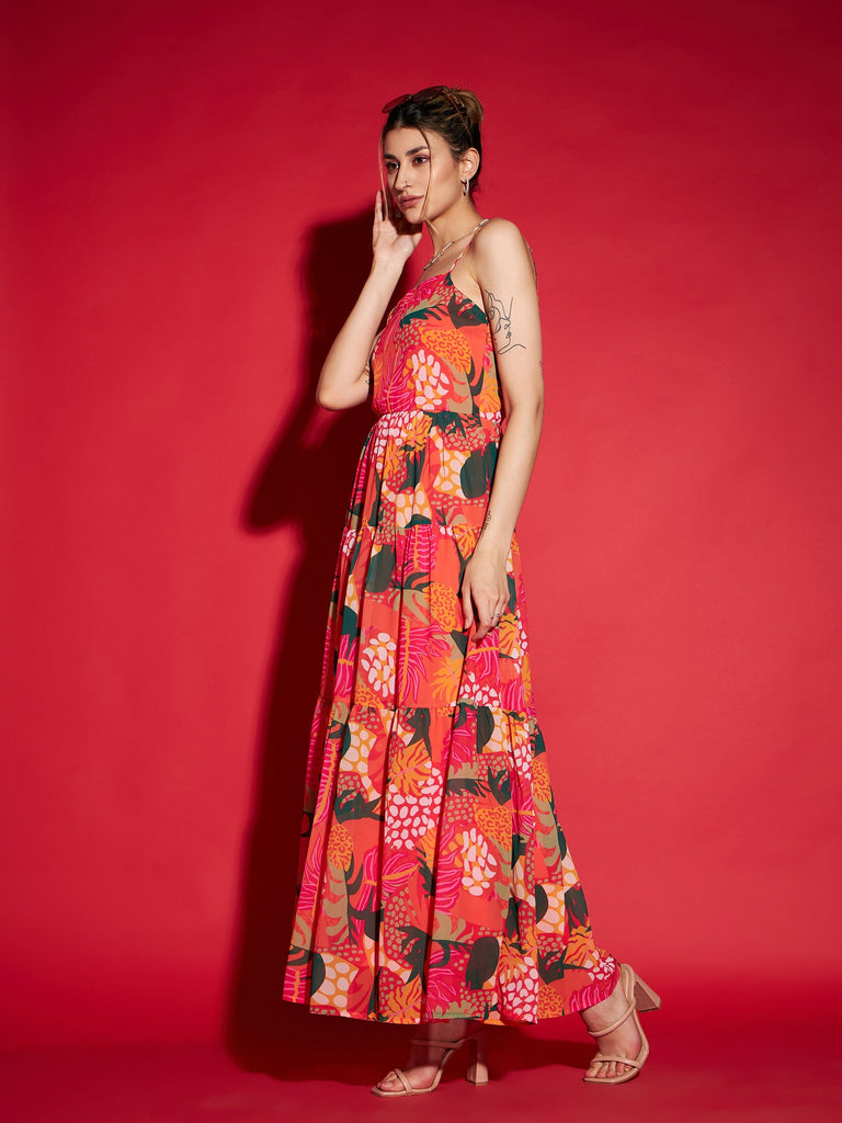 Women's Pink Floral Strappy Tiered Maxi Dress