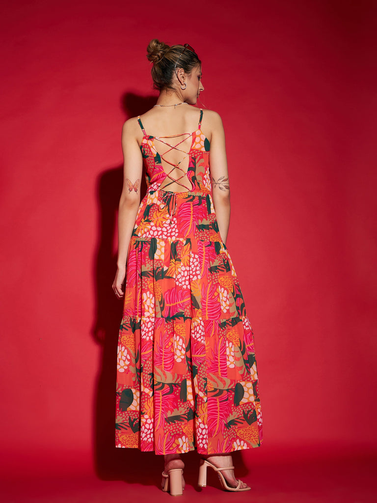 Women's Pink Floral Strappy Tiered Maxi Dress
