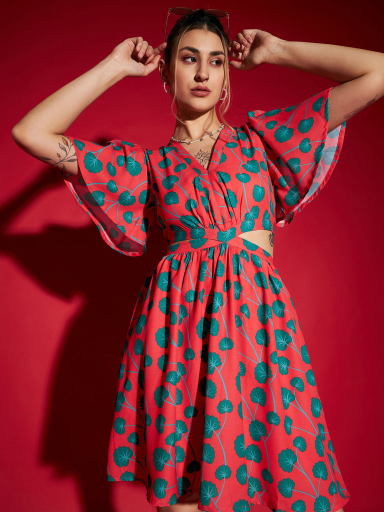 Women's Red Floral Waist Cut Out Short Skater Dress
