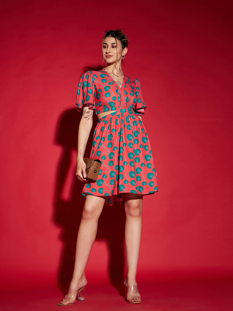 Women's Red Floral Waist Cut Out Short Skater Dress