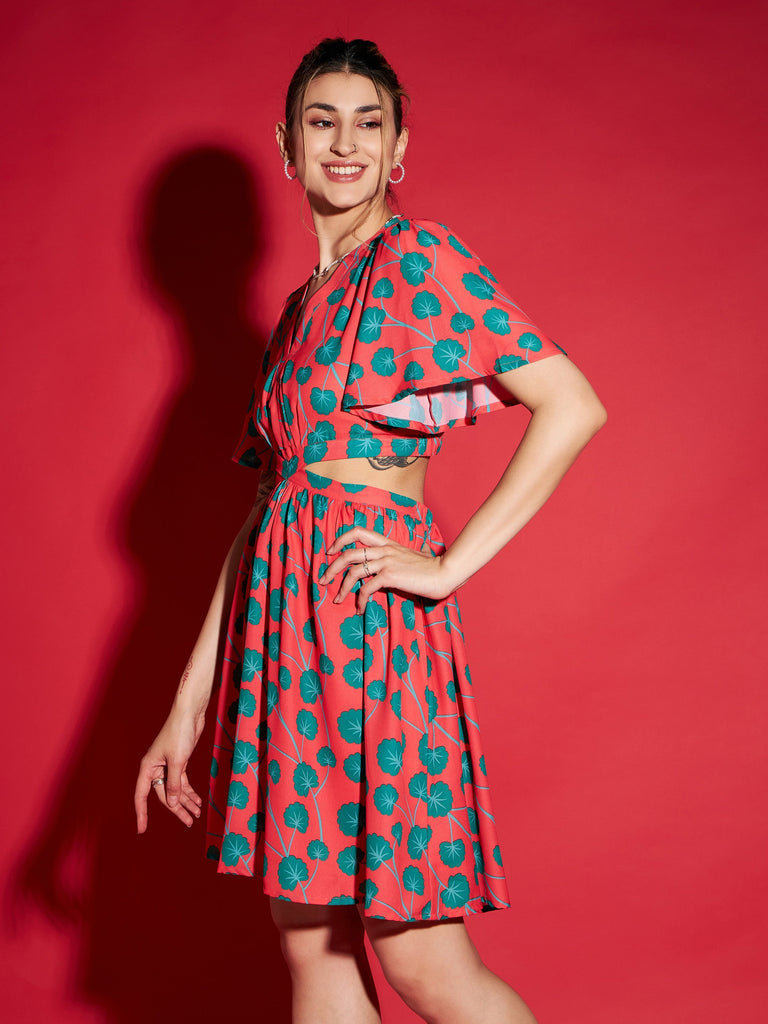 Women's Red Floral Waist Cut Out Short Skater Dress
