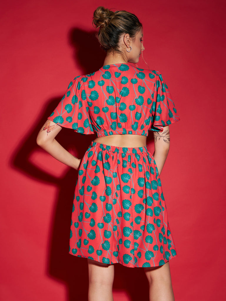 Women's Red Floral Waist Cut Out Short Skater Dress
