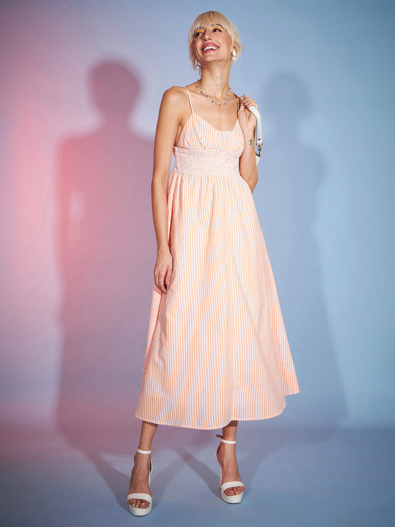 Women's Orange & White Striped Strappy Maxi Dress