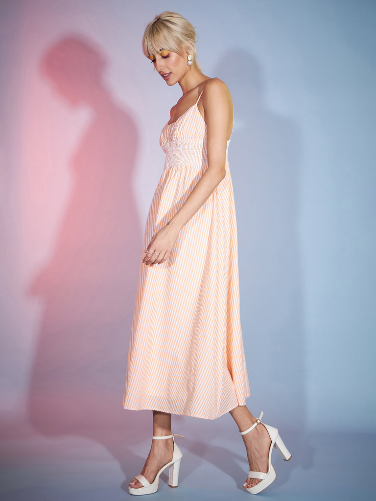 Women's Orange & White Striped Strappy Maxi Dress