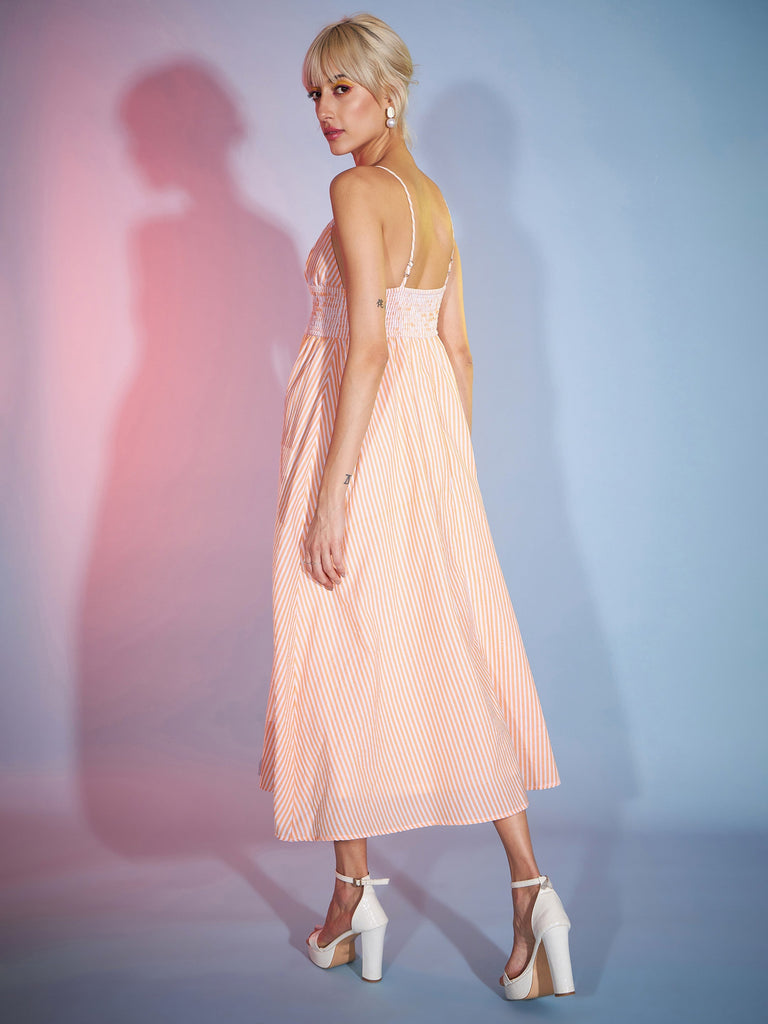 Women's Orange & White Striped Strappy Maxi Dress