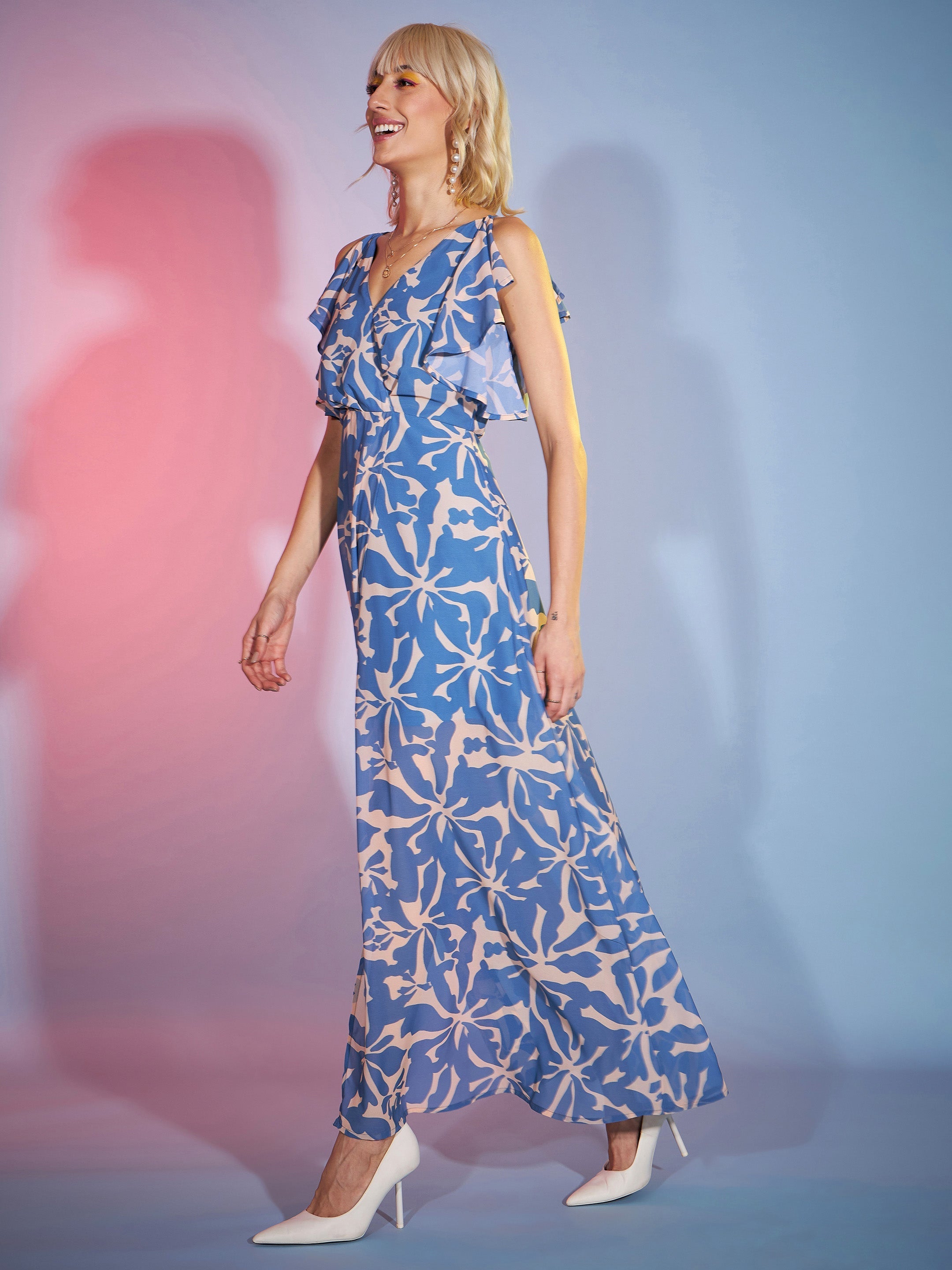 Women's Blue Abstract Frill Sleeve Maxi Dress - SASSAFRAS